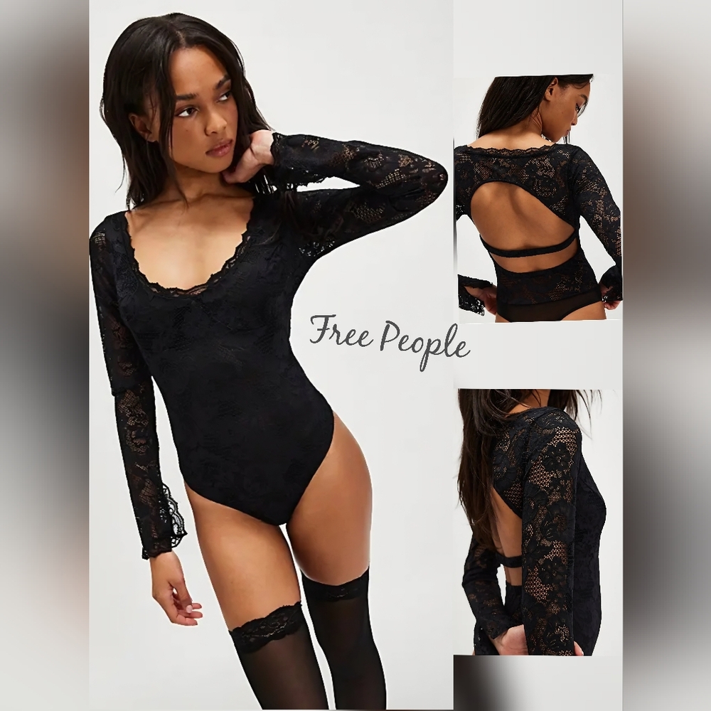 Free People Black Lace Long-Sleeve Scoop-Back Bodysuit